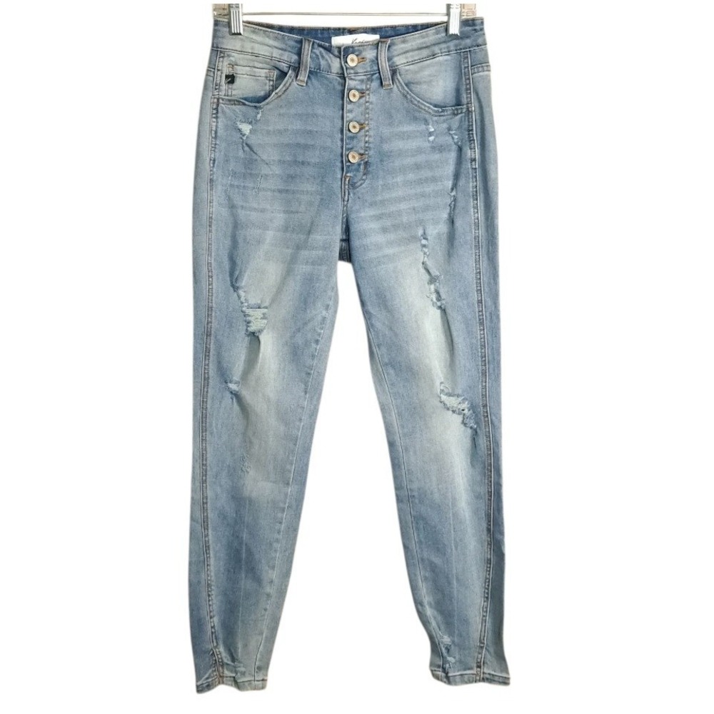 KanCan Women's Jeans High Rise Skinny Baby Blue Distressed Button Fly 9/28
